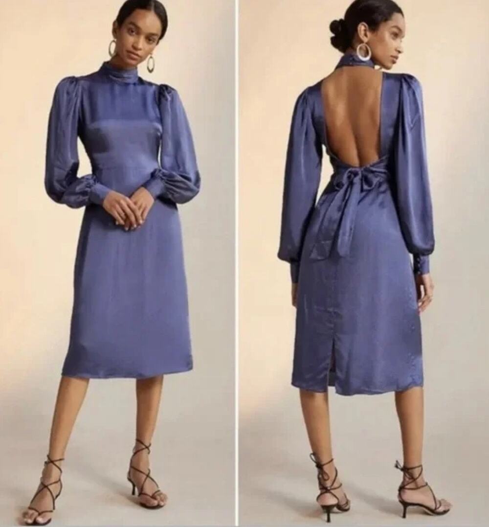 Anthropologie Hutch Open Back Midi Dress Blue Long Sleeve Blue Size 14